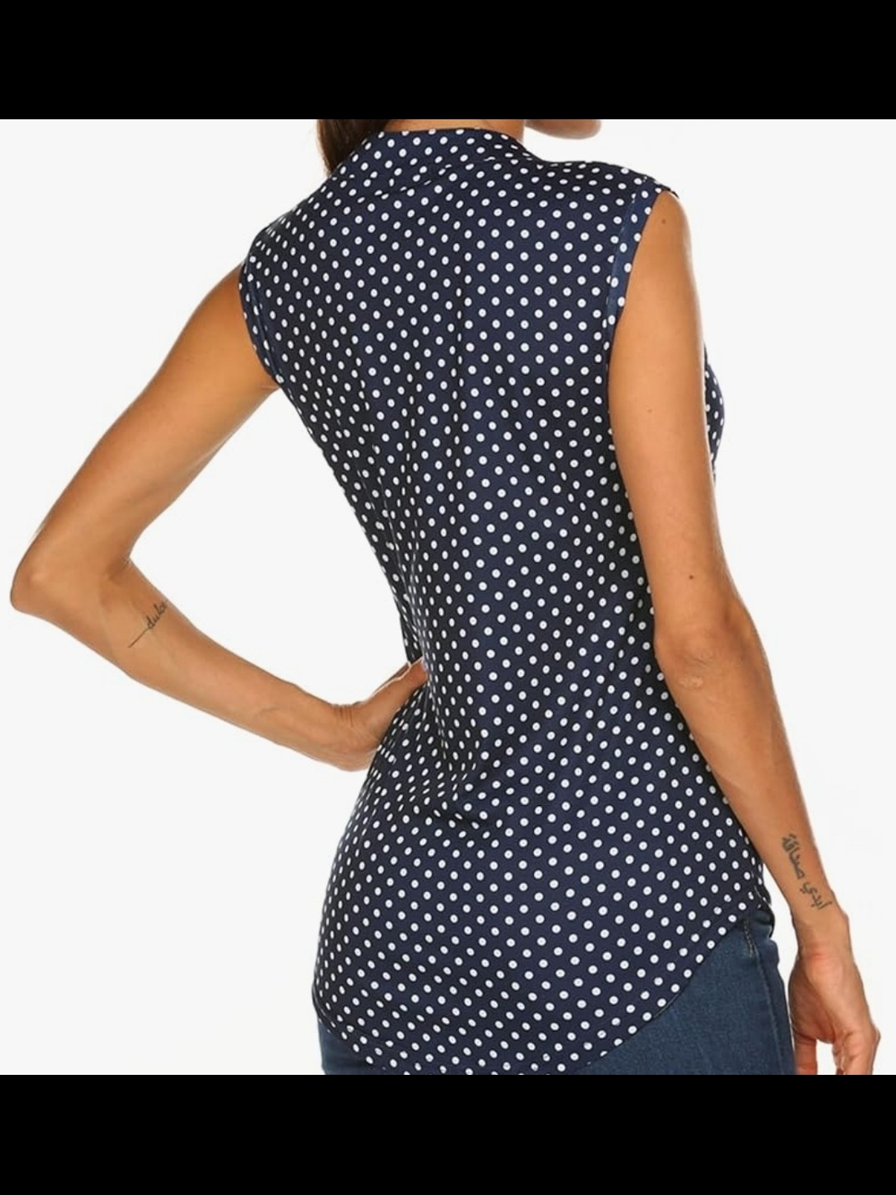 Navy Polka Dot Sleeveless Split-Neck Tank Top - Picture 2 of 4